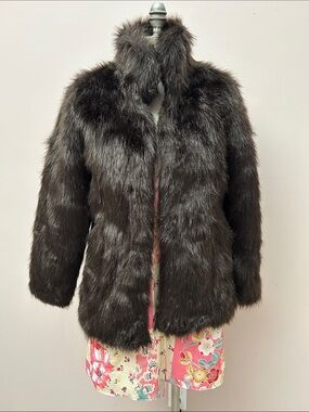 Iknit Women's Dark Brown Faux Fur Puffer Coat with Stand Collar sz S